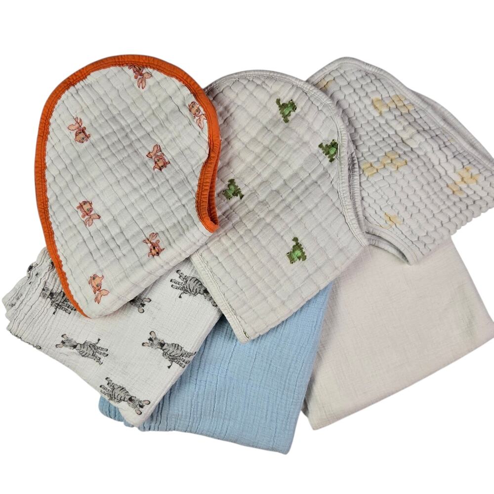 Aden + Anais Swaddle Blankets Burp Cloths Zebra Goldfish Frogs Lot Cotton Bibs